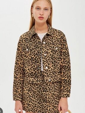 TopShop Leopard- Print Denim Jacket - Tan & Black